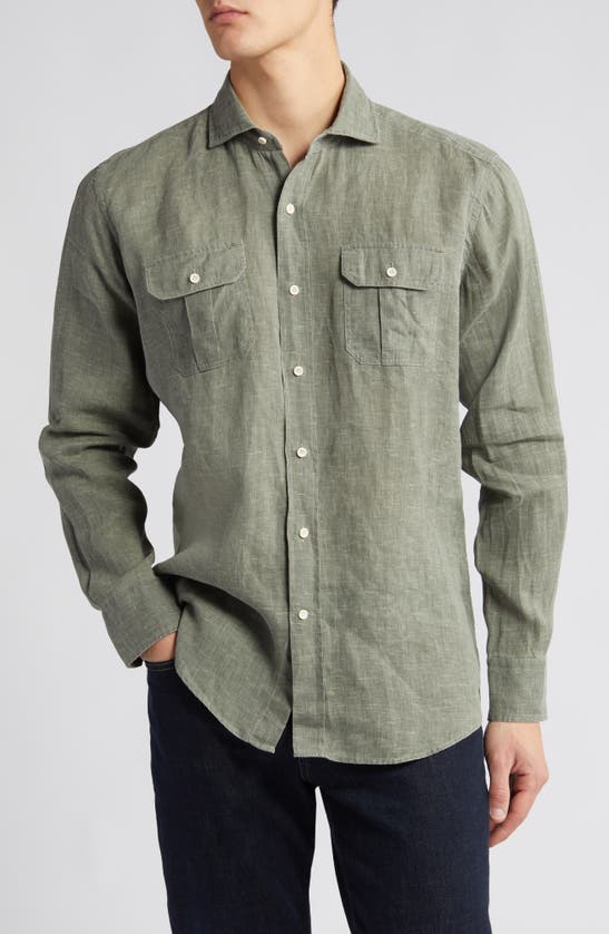 Shop Peter Millar Florian Slub Linen Button-up Shirt In Sage Fog