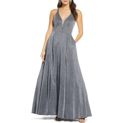 Sequin Hearts Sparkle Plunging Strappy Ballgown, Blue