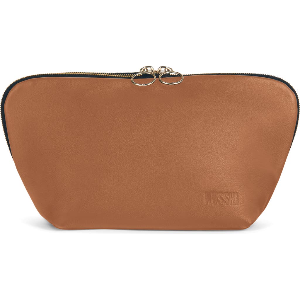 Kusshi Signature Leather Makeup Bag In Camel Leather/red