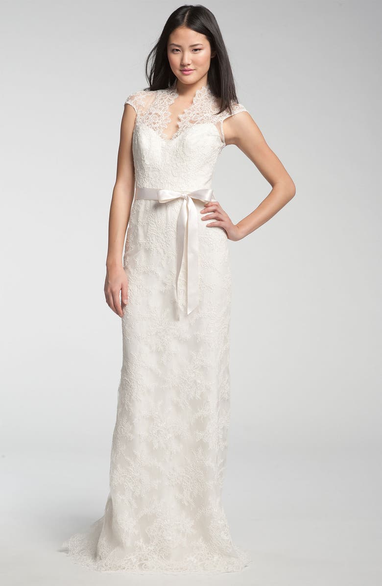 Theia Lace Overlay Cap Sleeve Gown | Nordstrom