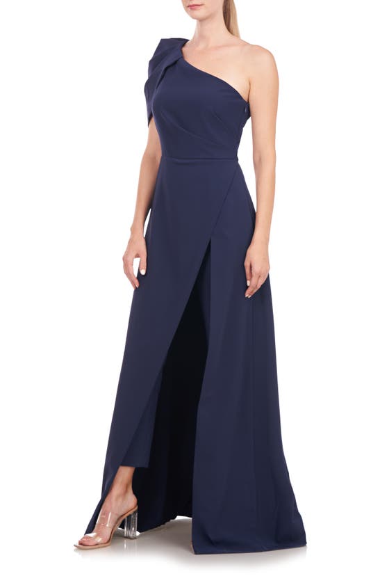 Kay Unger Bijou Shoulder Draped Jumpsuit In Midnight | ModeSens