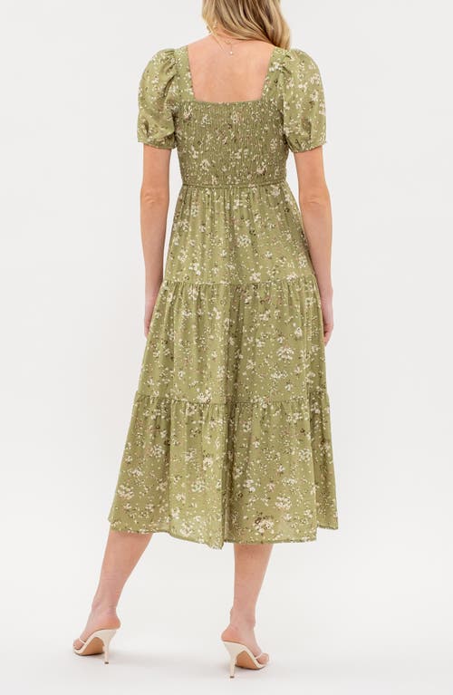 August Sky Ditsy Floral Short Sleeve Tiered Midi Dress In Olive Multi