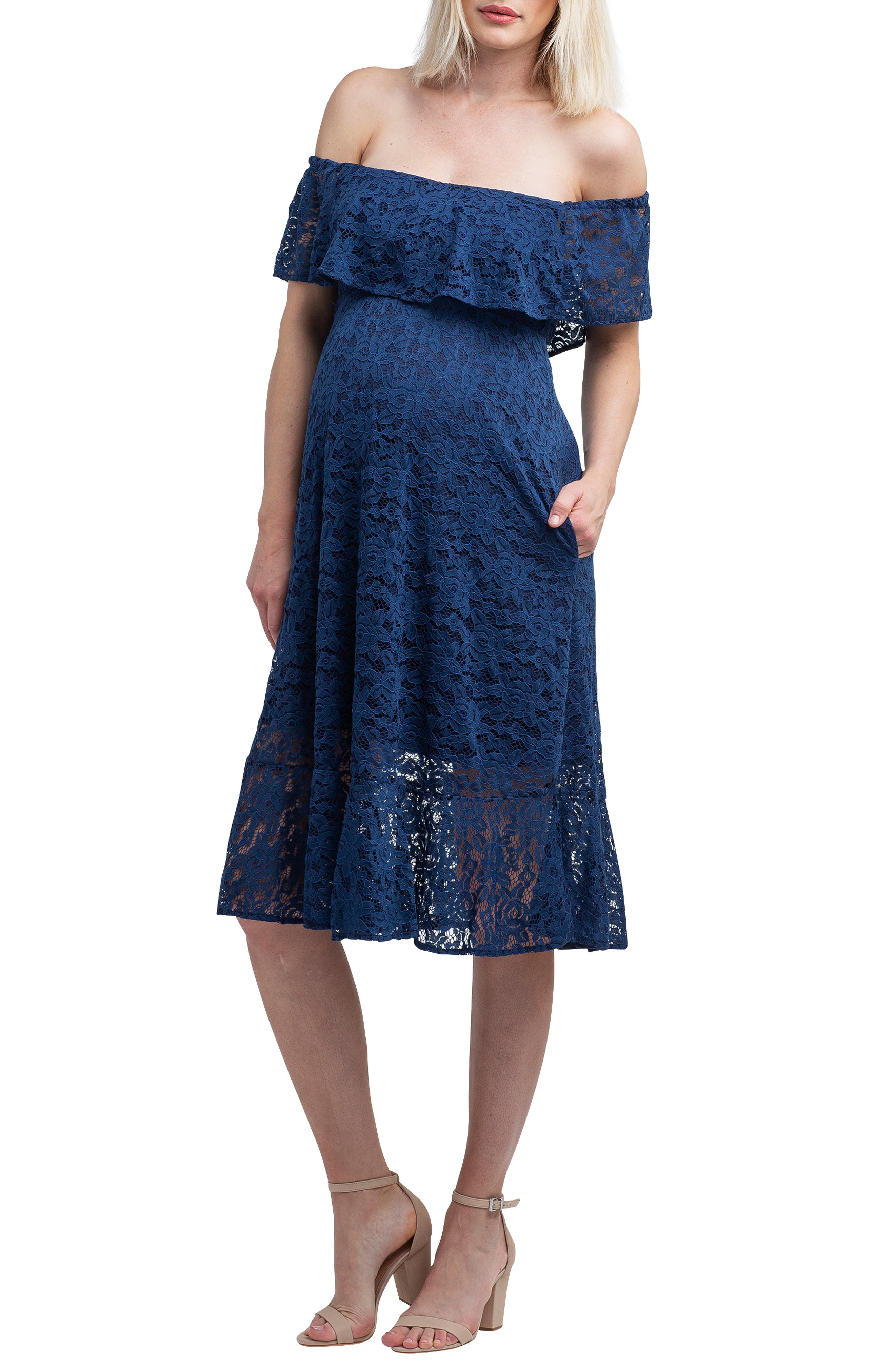 Nom Maternity Lucia Off The Shoulder Lace Maternity Dress, Blue