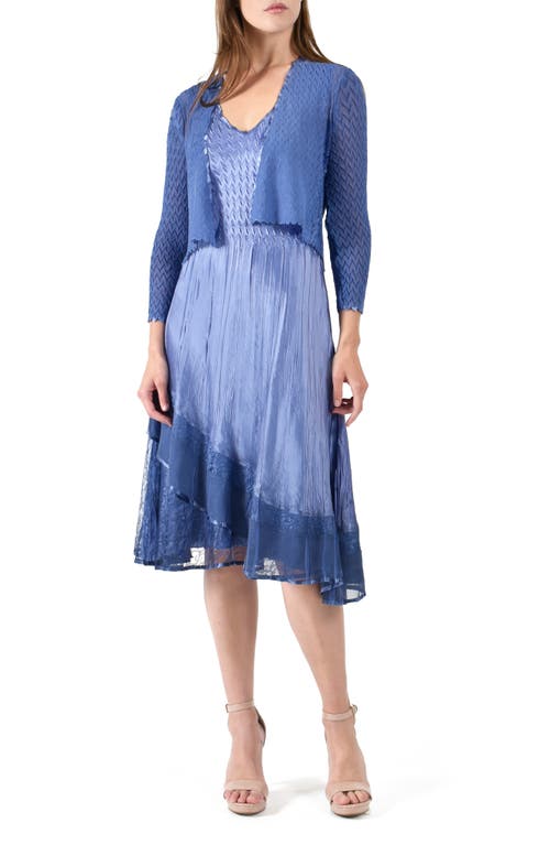 Lace Trim Charmeuse & Chiffon Tiered Dress with Jacket in Fregatta Blue Ombre