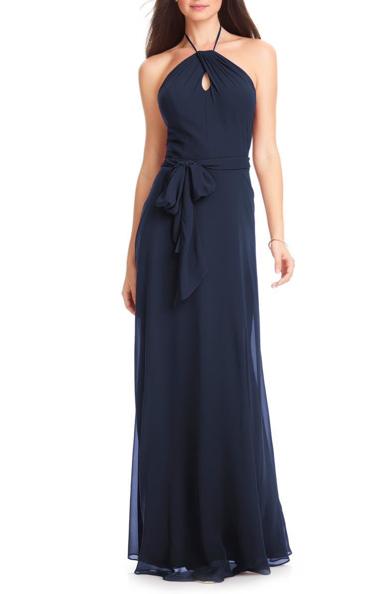 #Levkoff Chiffon Tie Waist Halter Gown | Nordstrom