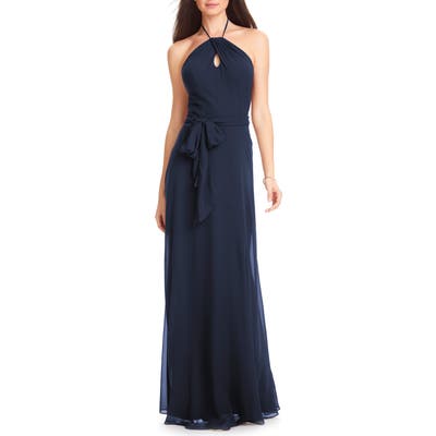 #levkoff Chiffon Tie Waist Halter Gown, Blue