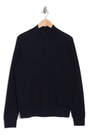 Amicale Textured Merino Wool Quarter Zip Pullover In Navy