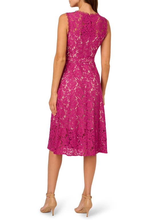 ADRIANNA PAPELL ADRIANNA PAPELL BELTED SLEEVELESS LACE MIDI DRESS