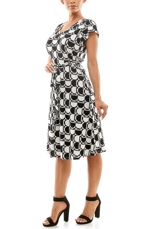 Nina Leonard Patterned Cap Sleeve Fit & Flare Dress In Black/ivory Multi