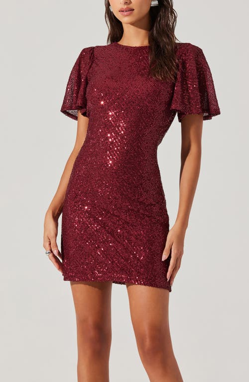 Shop Astr The Label Sequin Flutter Sleeve Minidress In Wine