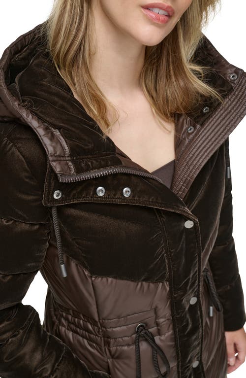 Andrew Marc Velvet Panel Hooded Puffer Jacket In Chocolate