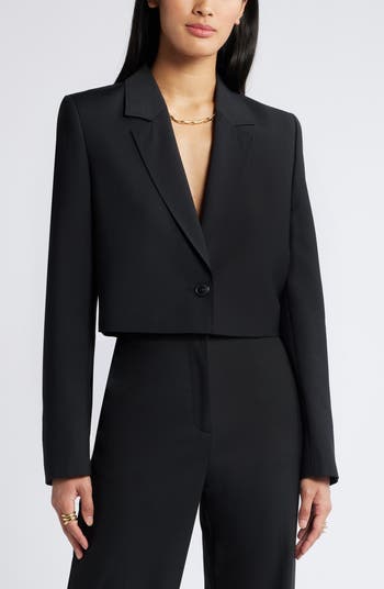 【2plan】Rondel Wool Crop Blazer Woven Round Neckline Knotted Crop Blazer For Work