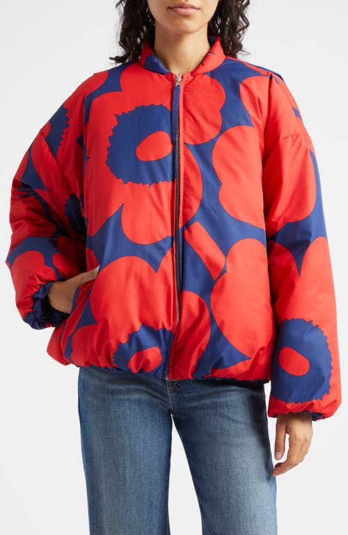 Shop Marimekko Unikko Lightweight Padded Bomber Jacket In Red Blue