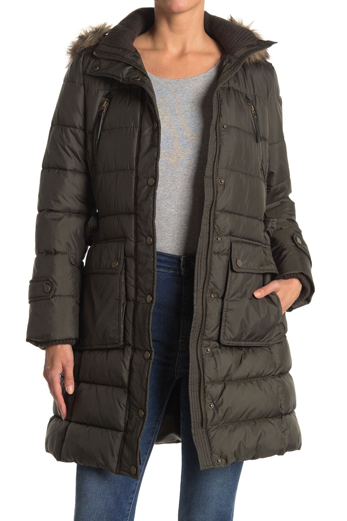 Lucky Brand | Faux Fur Trim Hooded Belted Puffer Jacket | Nordstrom Rack