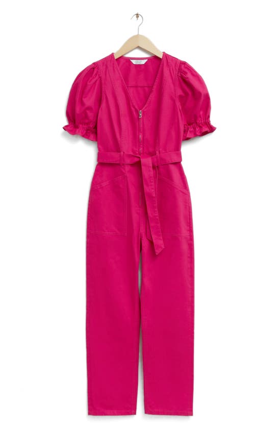 & Other Stories Organic Cotton Puff Sleeve Jumpsuit In Pink