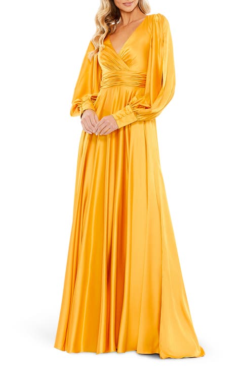 Split Long Sleeve Satin A-Line Gown