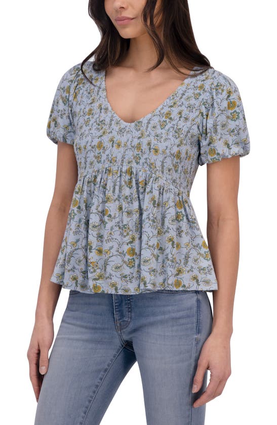 Shop Lucky Brand Floral Smocked Puff Sleeve Top In Blue Multi