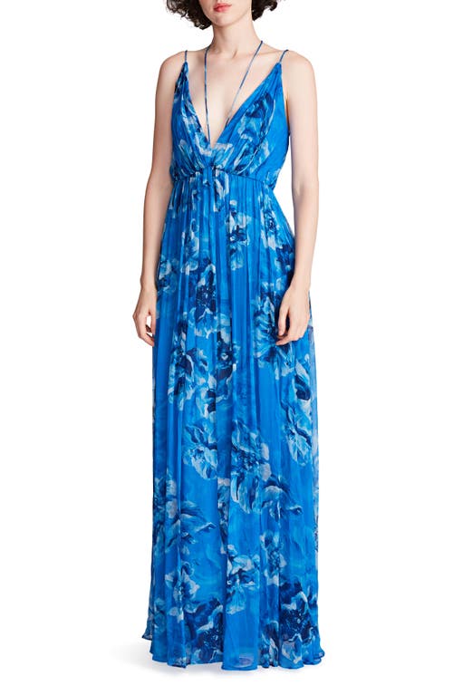 HALSTON Mindy Floral Chiffon A-Line Gown Ocean Painted Print at Nordstrom,