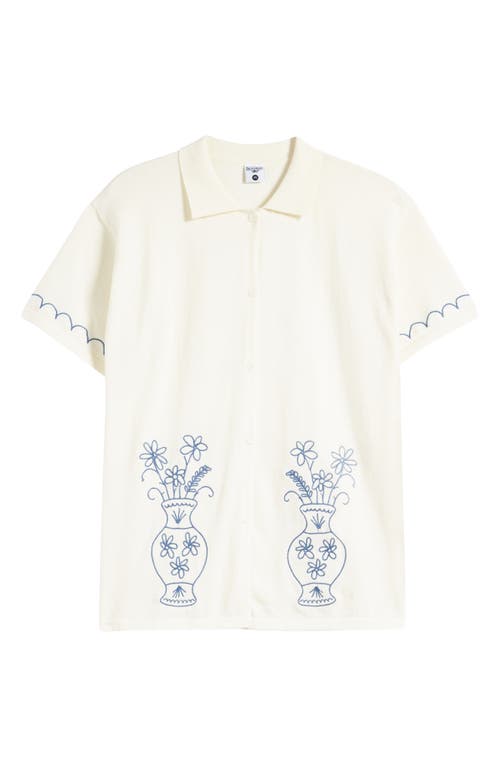 Embroidered Vase Knit Short Sleeve Button-Up Shirt in Off White