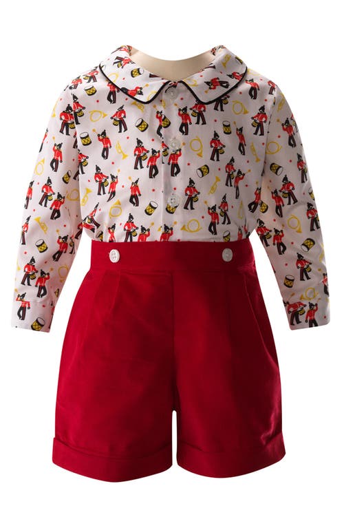 Rachel Riley Nutcracker Print Cotton Button Up-Shirt & Corduroy Shorts Set in Red 