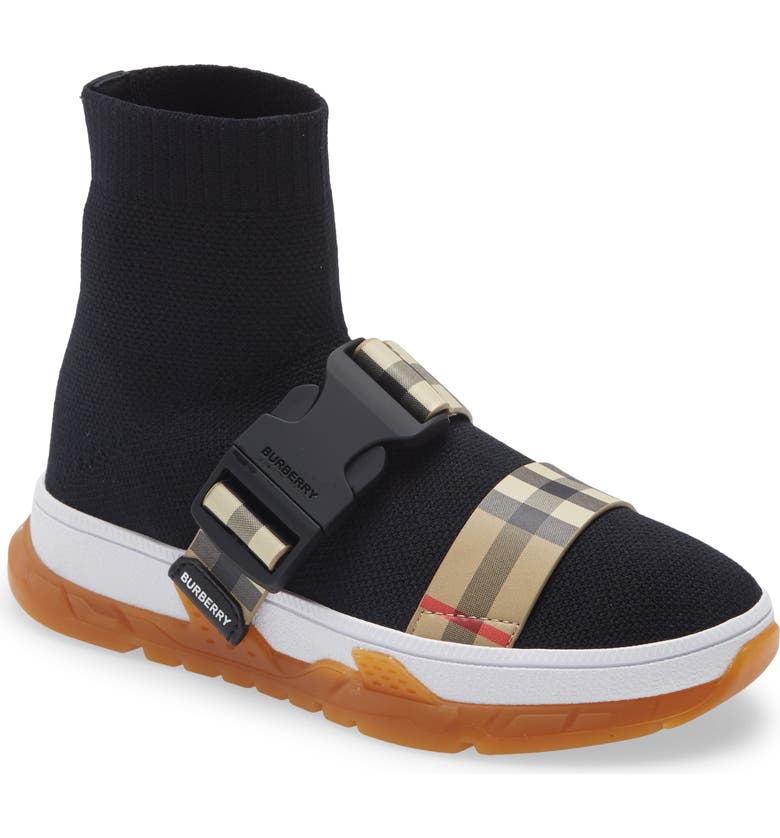 BURBERRY Union Check Sock Sneaker, Main, color, BLACK