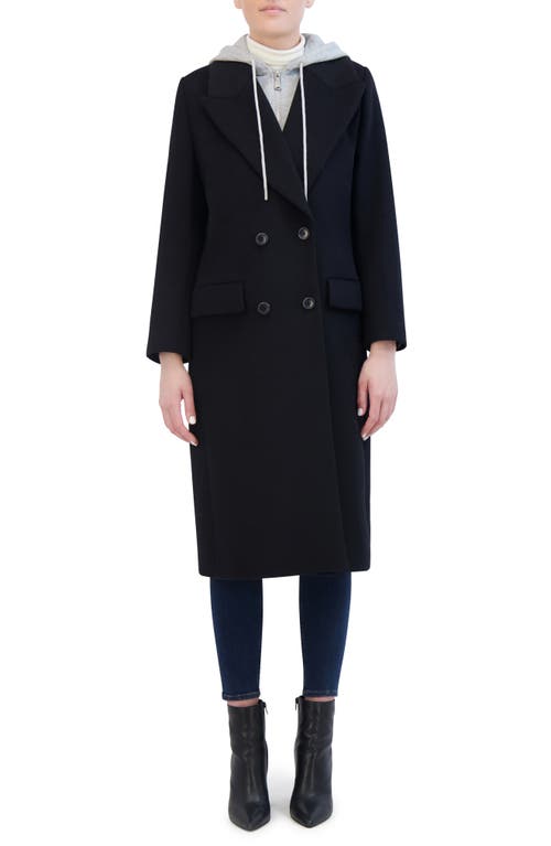 Rebecca Minkoff Double Breasted Longline Coat with Removable Jersey Hooded Bib in Black/Grey 