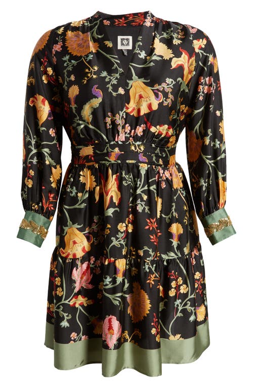 Anne Klein Floral Bead Detail Long Sleeve Dress Black Multi at Nordstrom,