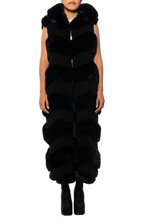 Azalea Wang Hooded Long Faux Shearling Vest With Faux Fur Trim In Black