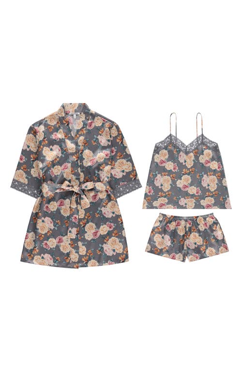 Shop Flora Nikrooz Sabrina Floral Print Satin Short Pajamas & Robe Set In Grey