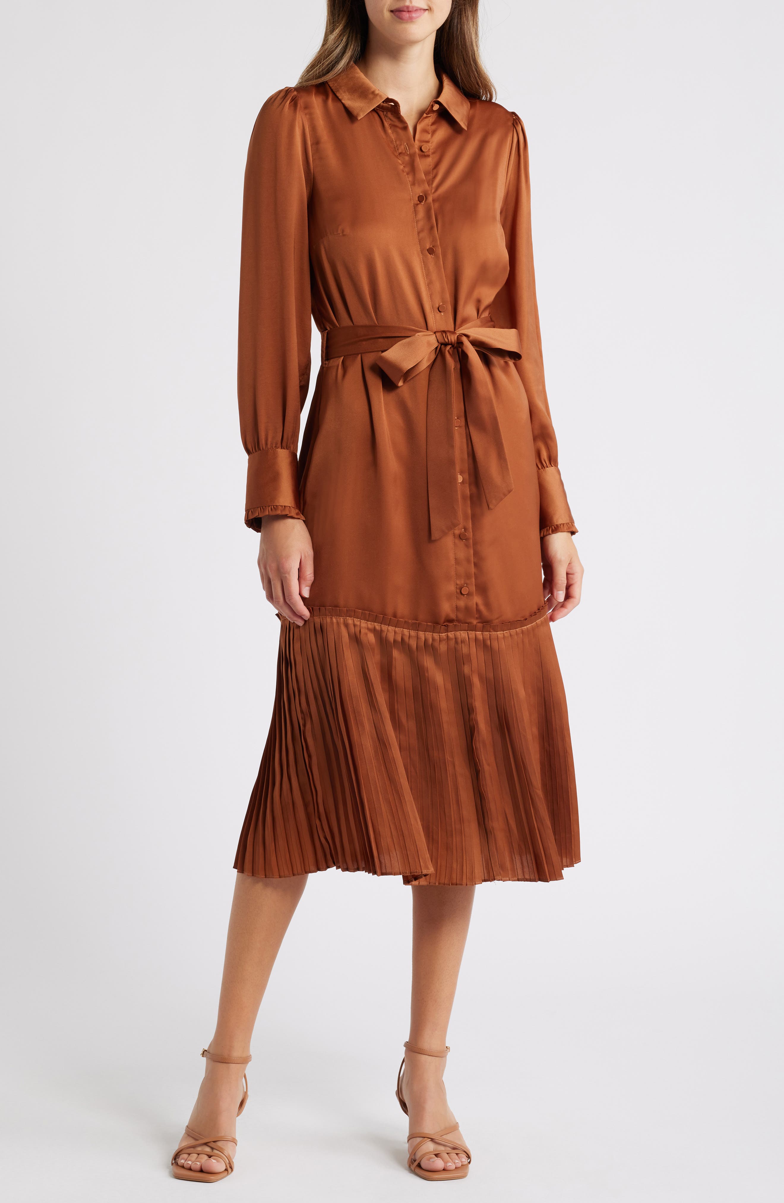 Adelyn Rae Long Sleeve Satin Shirtdress in Toffee 