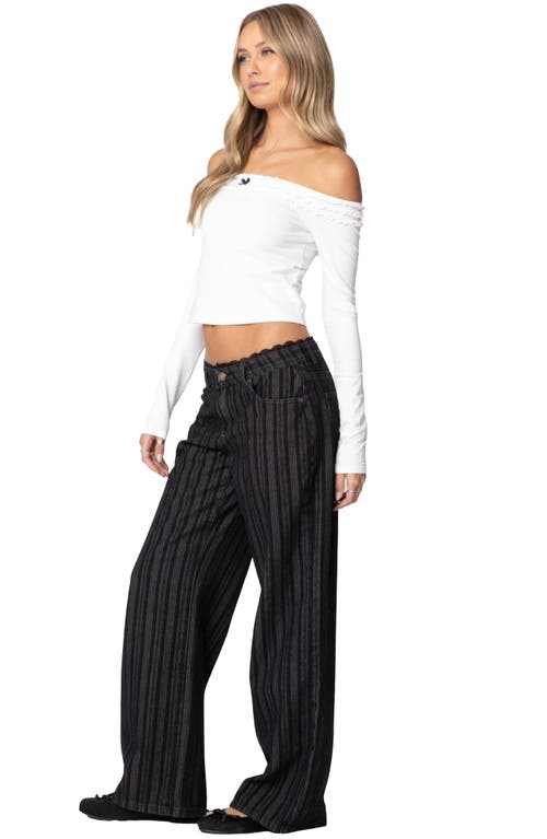 Edikted Stripe Lace Trim Low Rise Wide Leg Jeans In Black