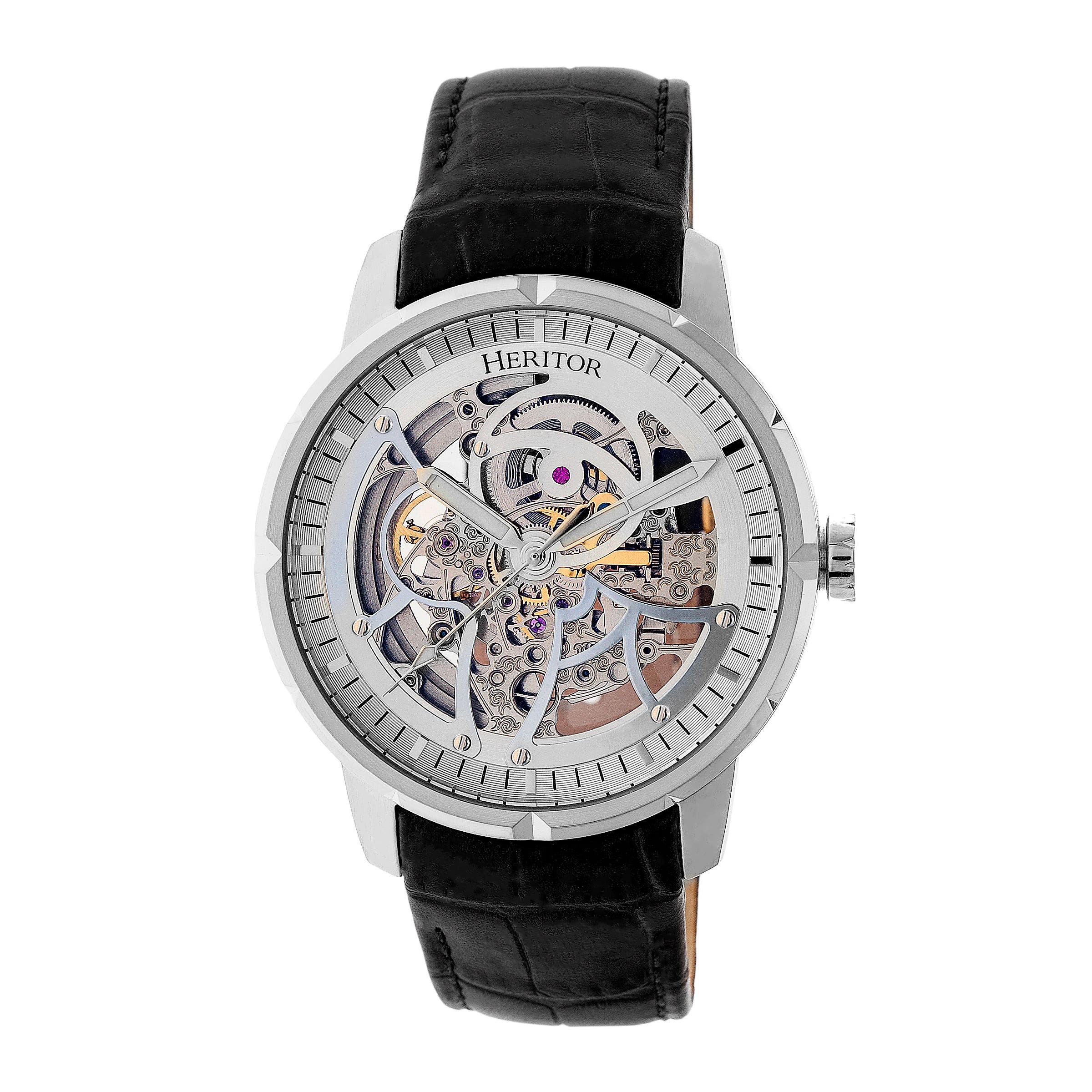 Heritor Automatic Ryder Skeleton Leather-Band Watch in Silver Cover