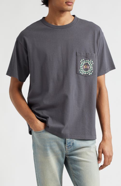 Daisy Never Tell Embroidered Cotton Pocket T-Shirt in Charcoal