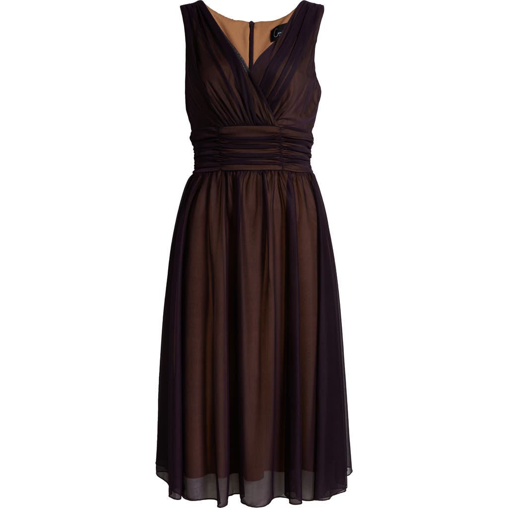 Connected Apparel Chiffon Overlay Fit & Flare Dress In Eggplant/gold