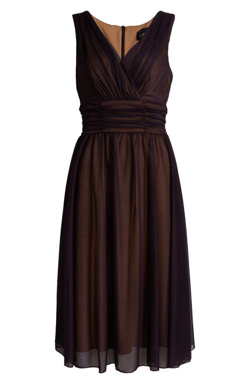 Chiffon Overlay Fit & Flare Dress in Eggplant/Gold