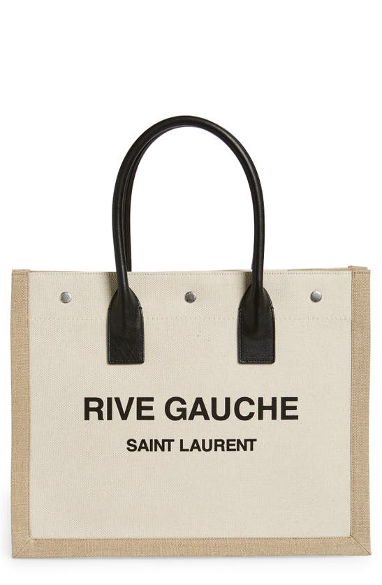 Saint Laurent Small Rive Gauche Logo Canvas Tote In Greggio/ Natural