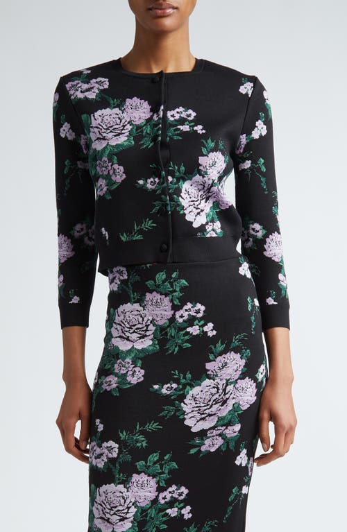 Carolina Herrera Rose Silk Blend Jacquard Crop Cardigan Black Multi at Nordstrom,