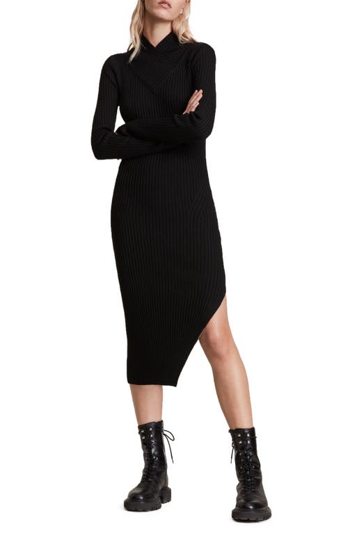Allsaints Vivi Long Sleeve Wool Midi Dress In Black
