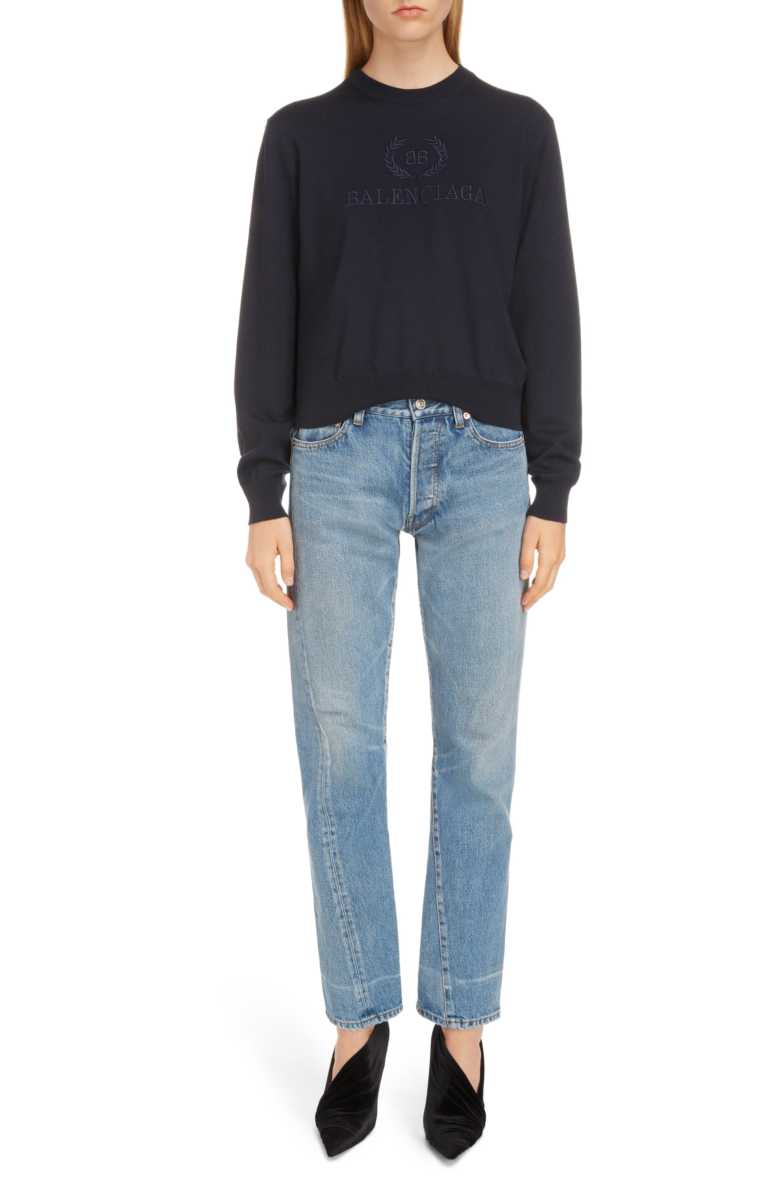 Balenciaga Wreath Logo Embroidered Wool Sweater, Black