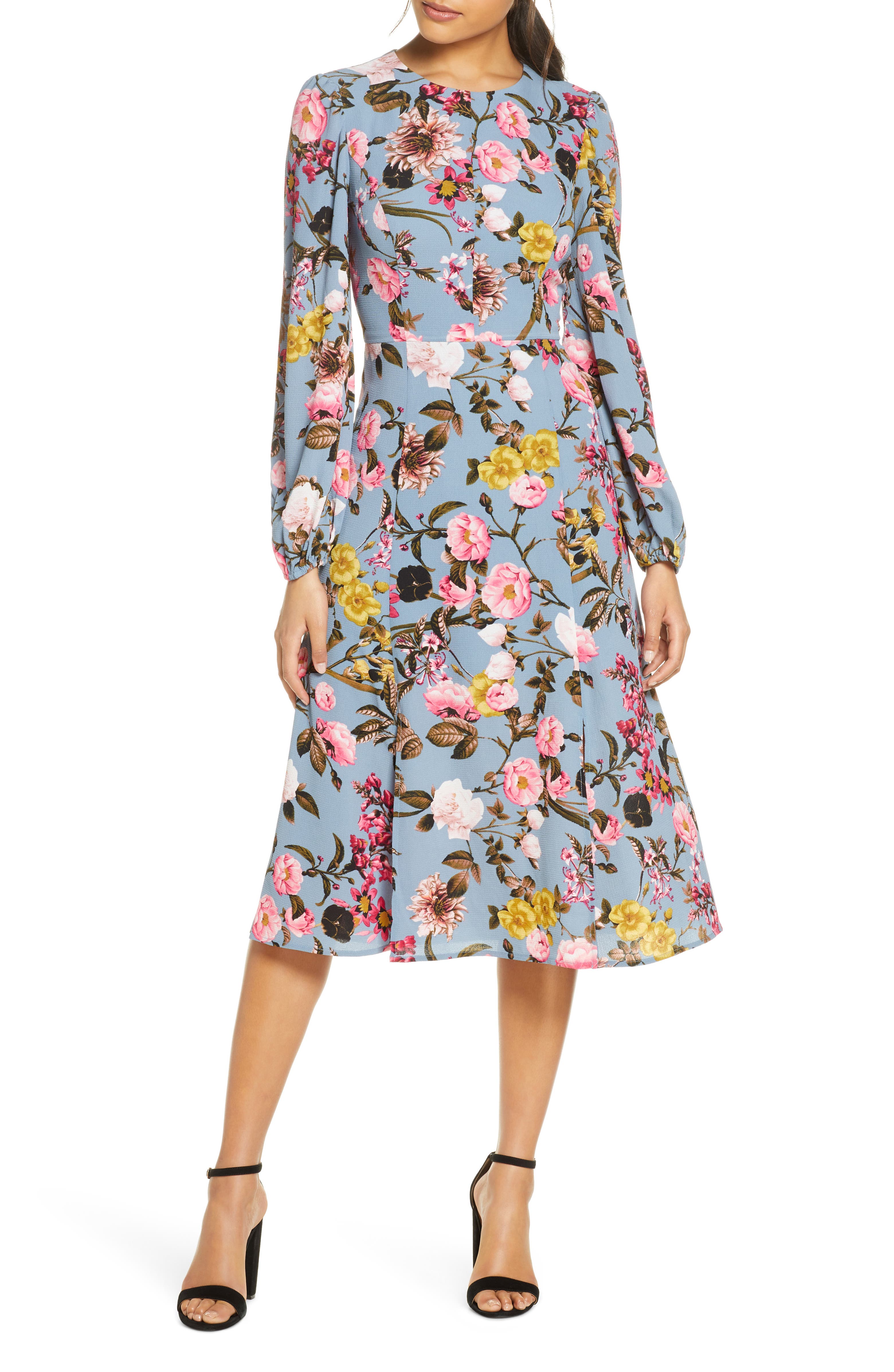 Eliza J Floral Print Long Sleeve Crepe Midi Dress | Nordstrom