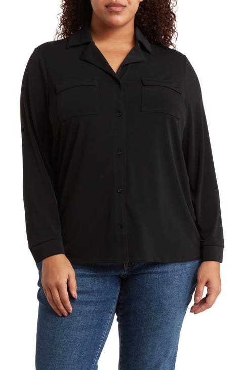 Long Sleeve Moss Crepe Button-Up Shirt (Plus)