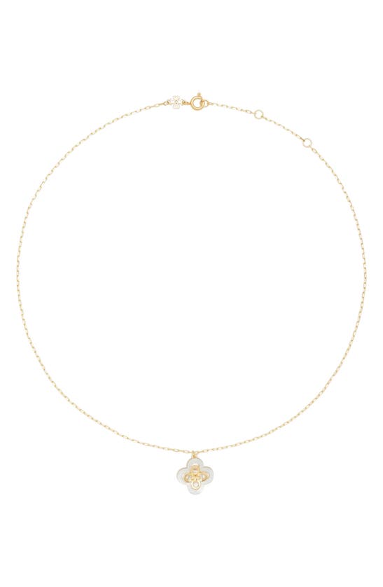 Shop Tory Burch Kira Clover Pendant Necklace In Tory Gold / Mother Of Pearl