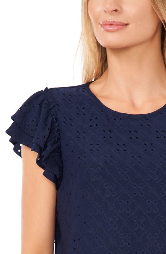 Shop Cece Double Ruffle Sleeve Eyelet Knit Top In Classic Navy