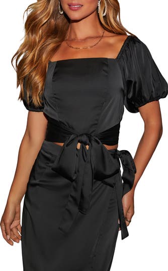 VICI Collection Braelyn Convertible Shoulder Puff Sleeve Satin Crop Top | Nordstrom