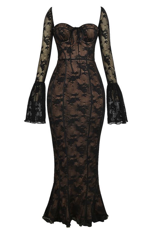 House Of Cb Delilah Long Sleeve Lace Overlay Mermaid Dress In Black