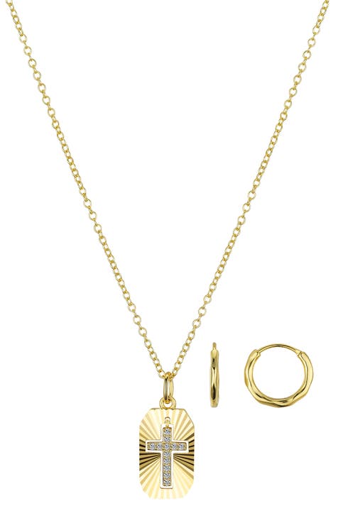 14K Gold Plated Huggie Hoop Earrings & CZ Cross Pendant Necklace Set