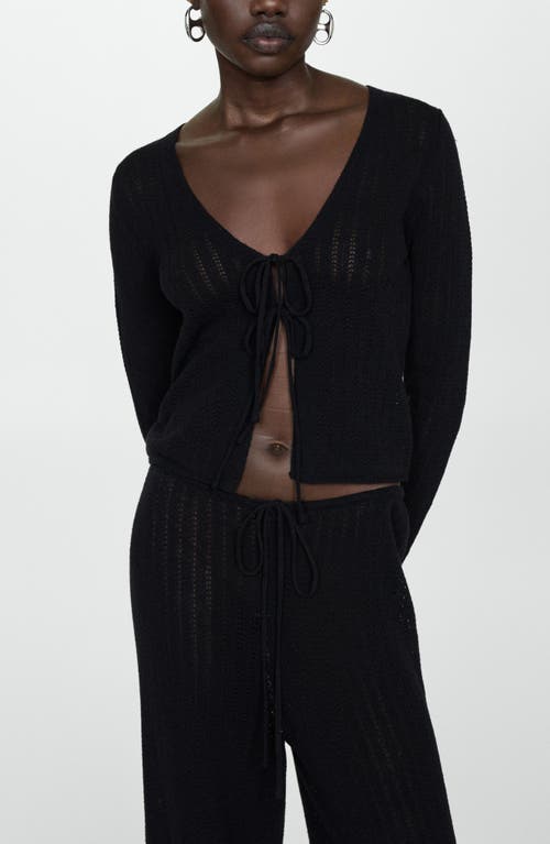 Shop Mango Tie Front Open Stitch Cardigan In Black