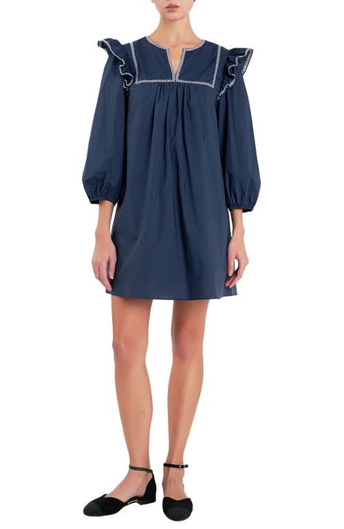 Shop English Factory Embroidered Ruffle Cotton Minidress In Navy/white