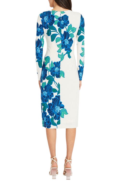 Shop Maggy London Floral Long Sleeve Knit Midi Dress In Soft White/cobalt