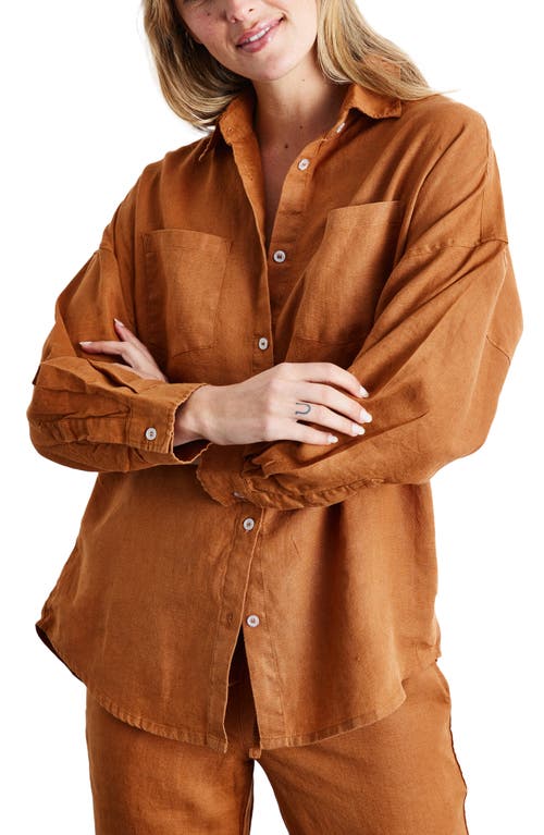 Long Sleeve Linen Button-Up Shirt in Rust